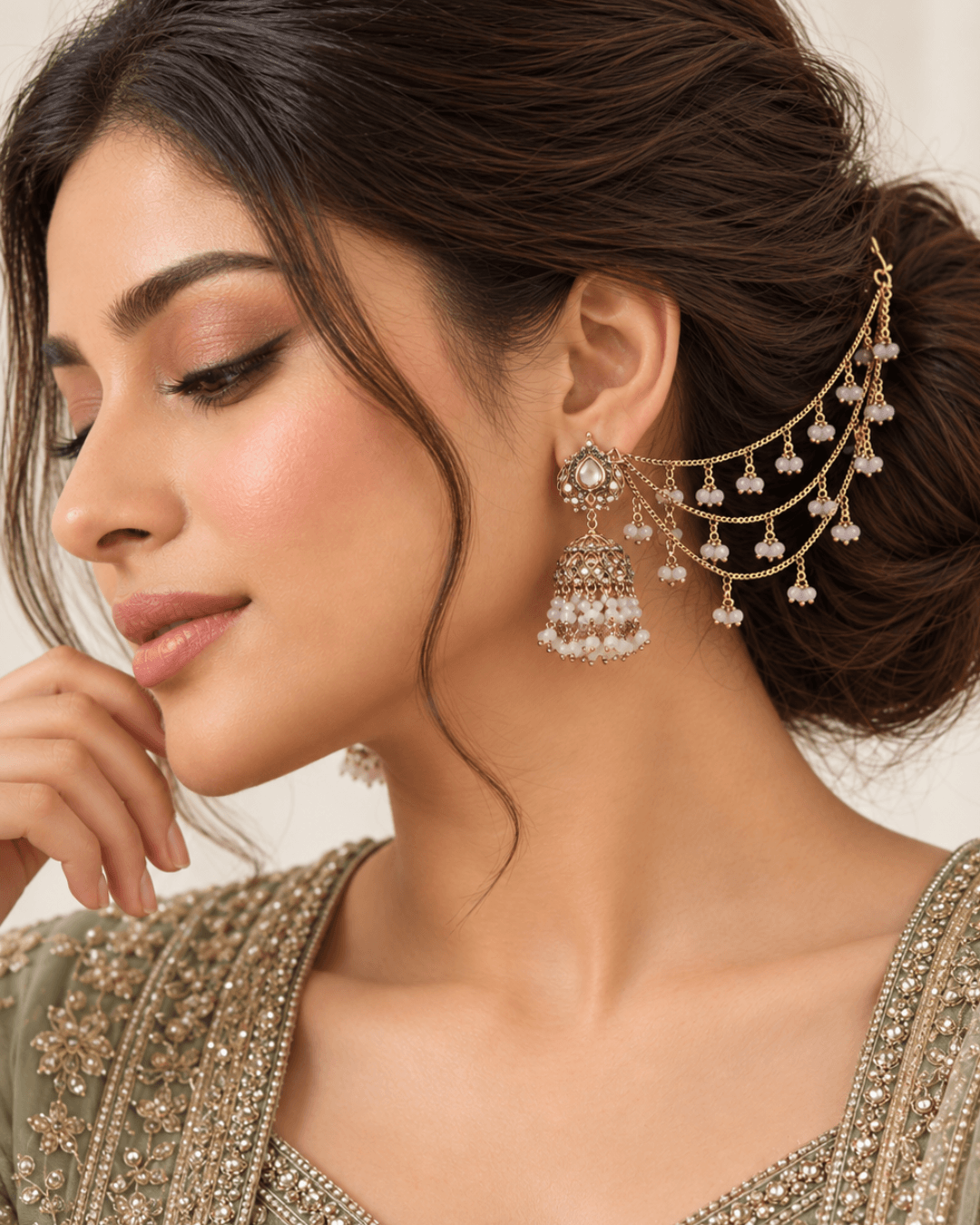 Traditional Sahara Jhumka Earrings with Triple Layered Hair Chains