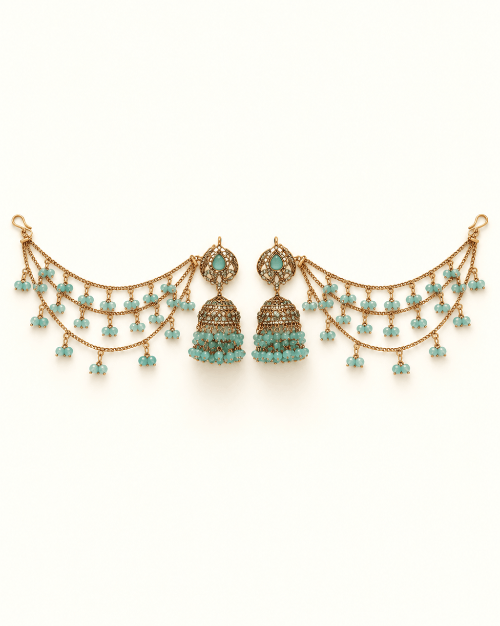 Traditional Sahara Jhumka Earrings with Triple Layered Hair Chains