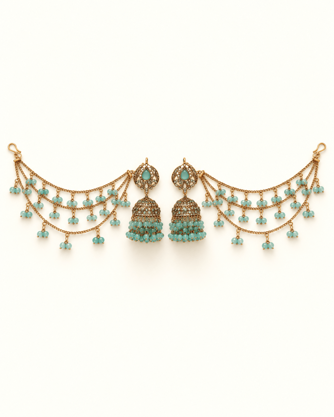 Traditional Sahara Jhumka Earrings with Triple Layered Hair Chains
