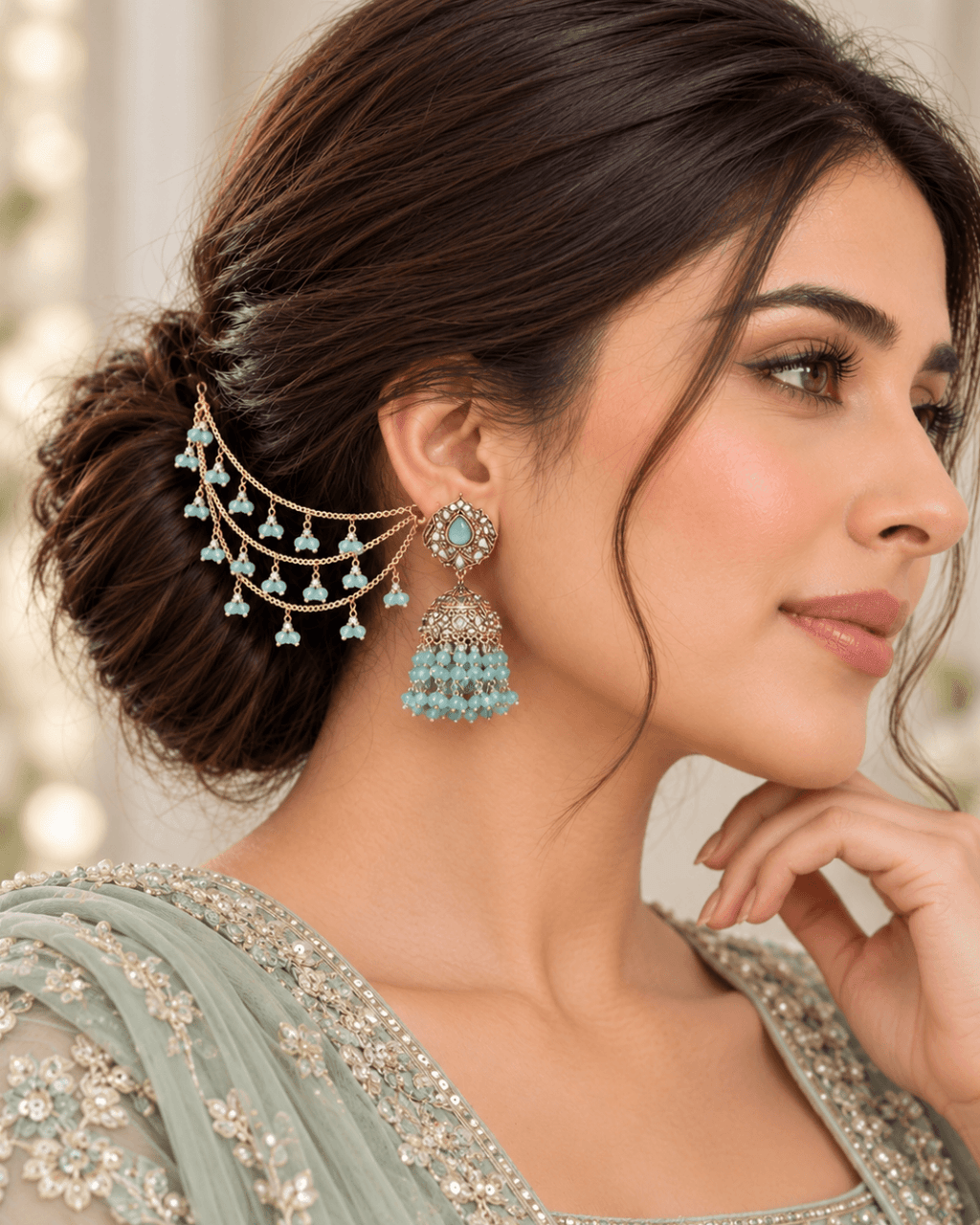 Traditional Sahara Jhumka Earrings with Triple Layered Hair Chains