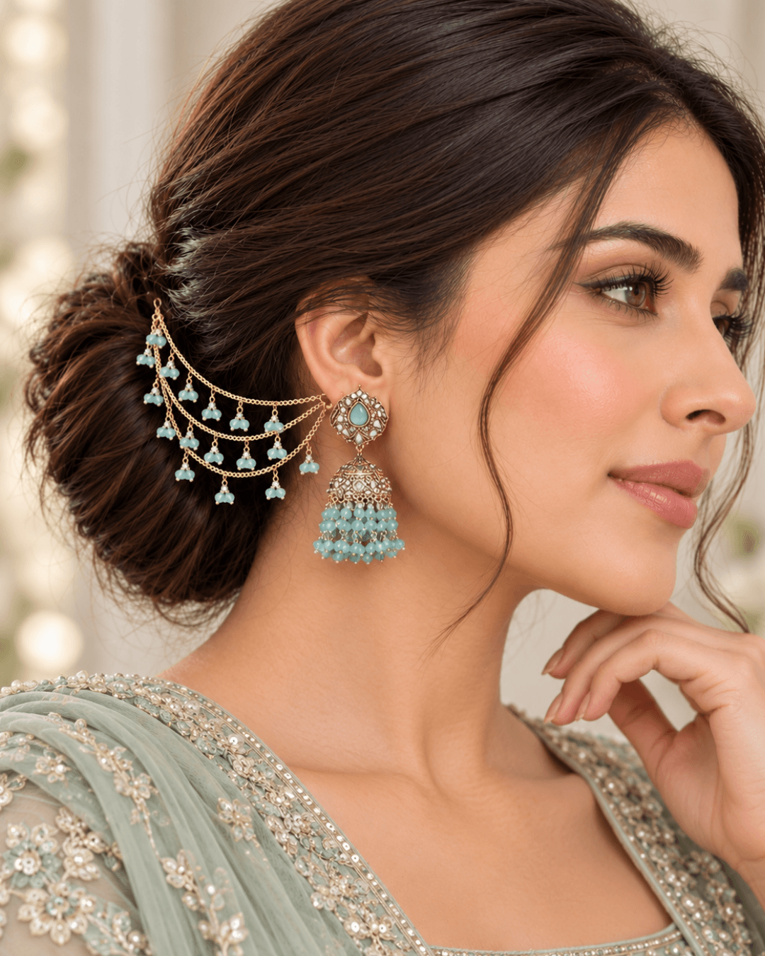 Traditional Sahara Jhumka Earrings with Triple Layered Hair Chains