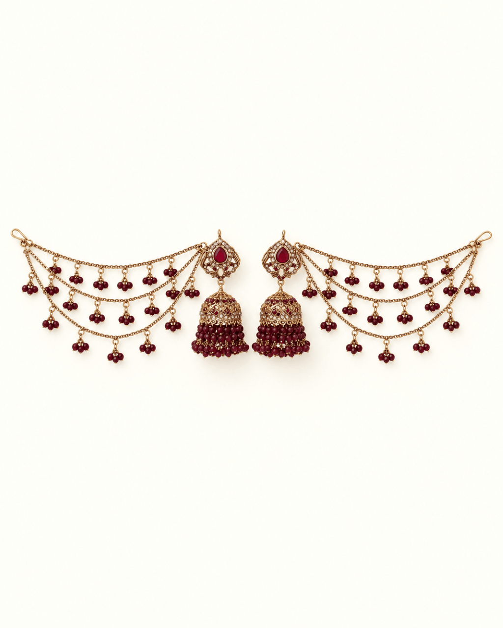 Traditional Sahara Jhumka Earrings with Triple Layered Hair Chains