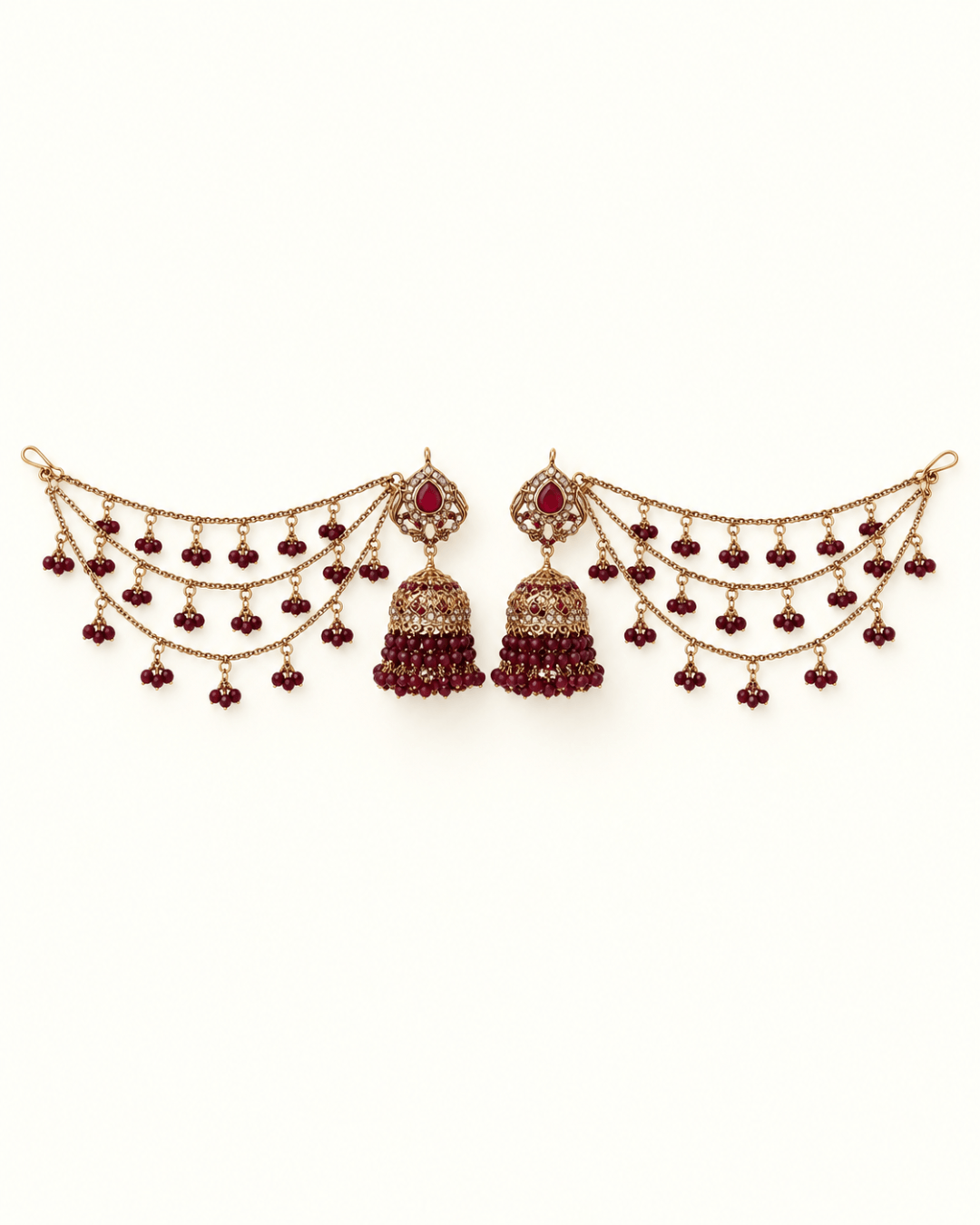 Traditional Sahara Jhumka Earrings with Triple Layered Hair Chains