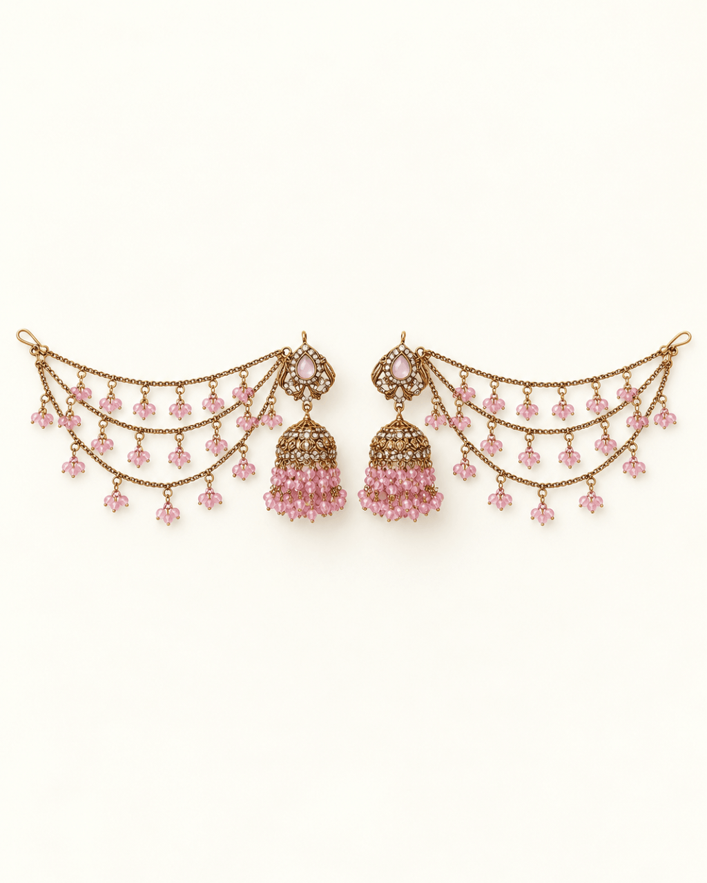 Traditional Sahara Jhumka Earrings with Triple Layered Hair Chains