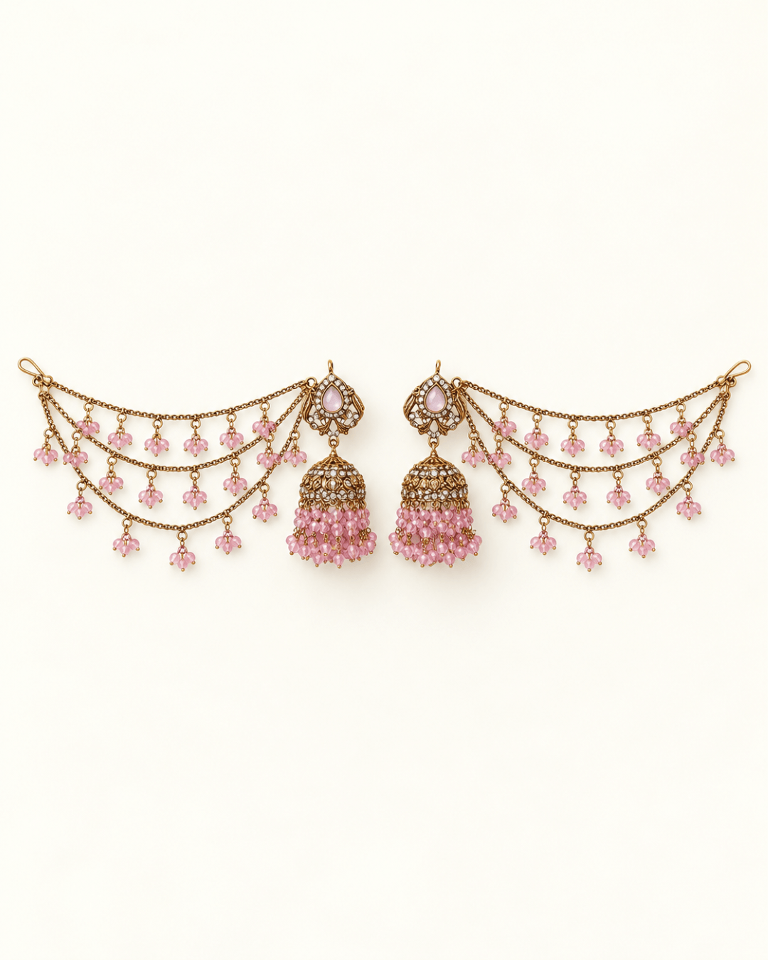 Traditional Sahara Jhumka Earrings with Triple Layered Hair Chains