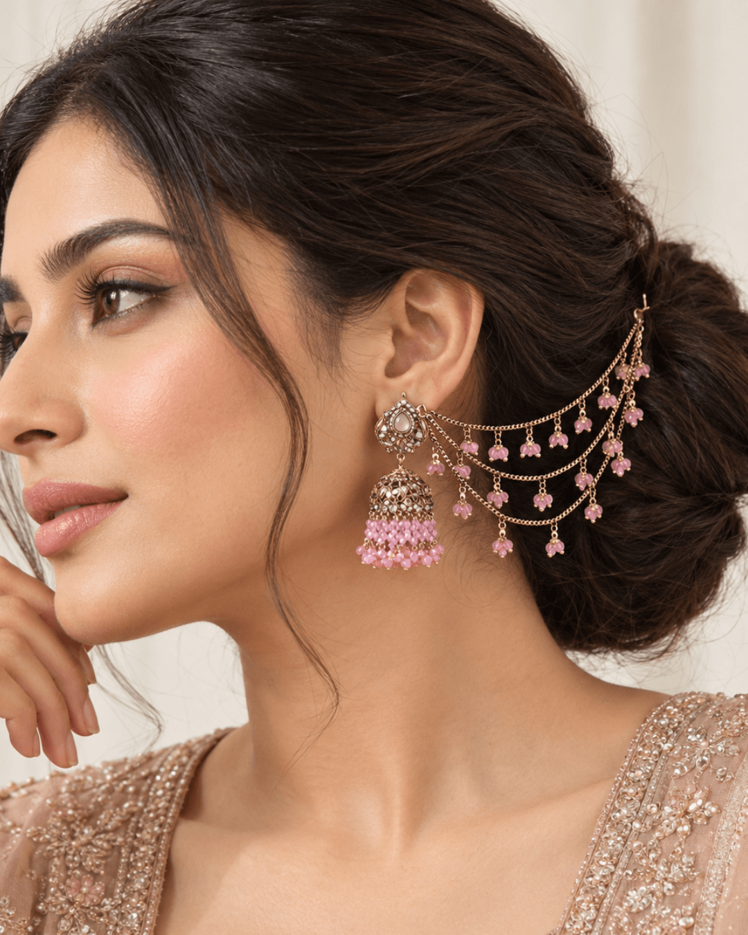 Traditional Sahara Jhumka Earrings with Triple Layered Hair Chains