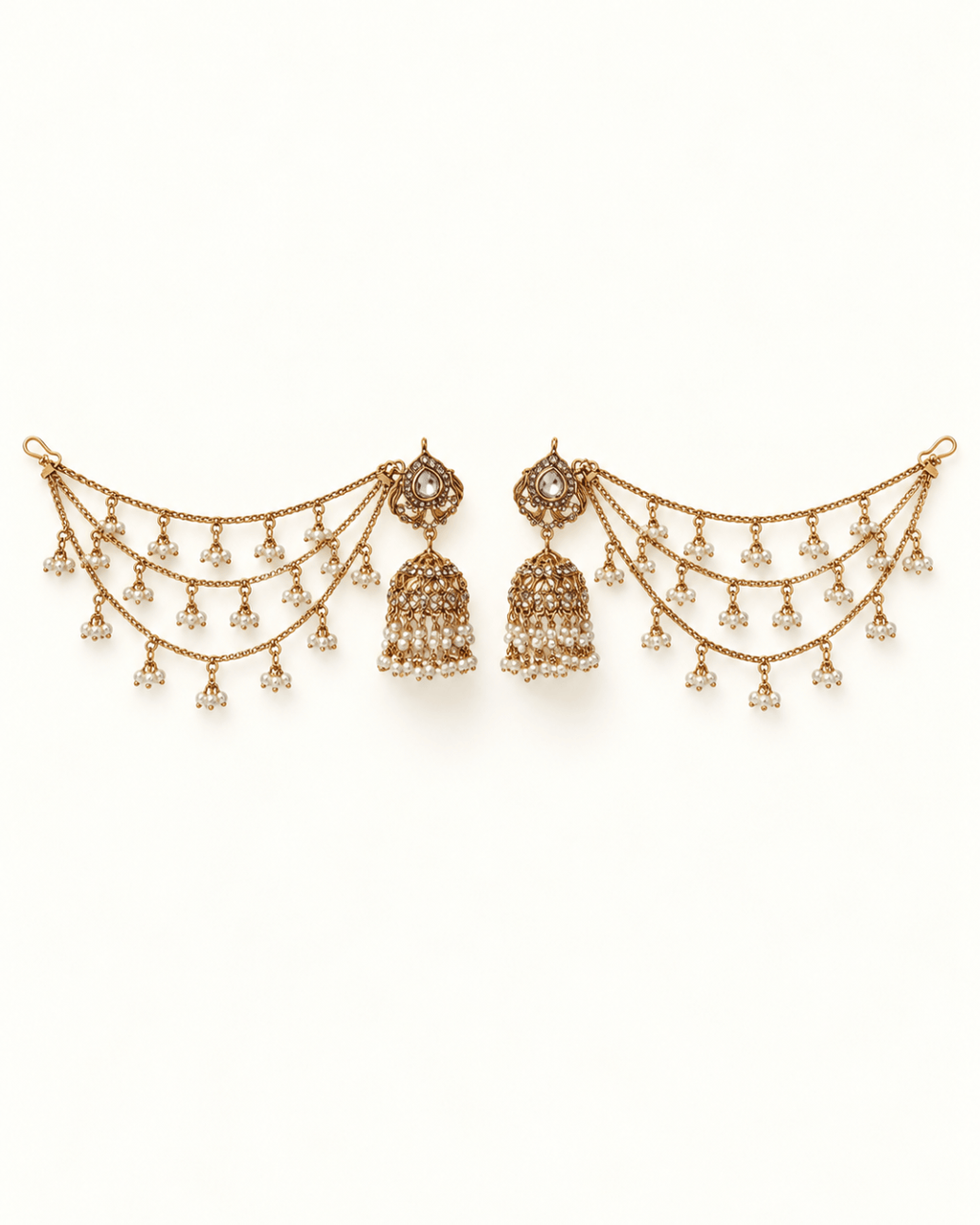 Traditional Sahara Jhumka Earrings with Triple Layered Hair Chains