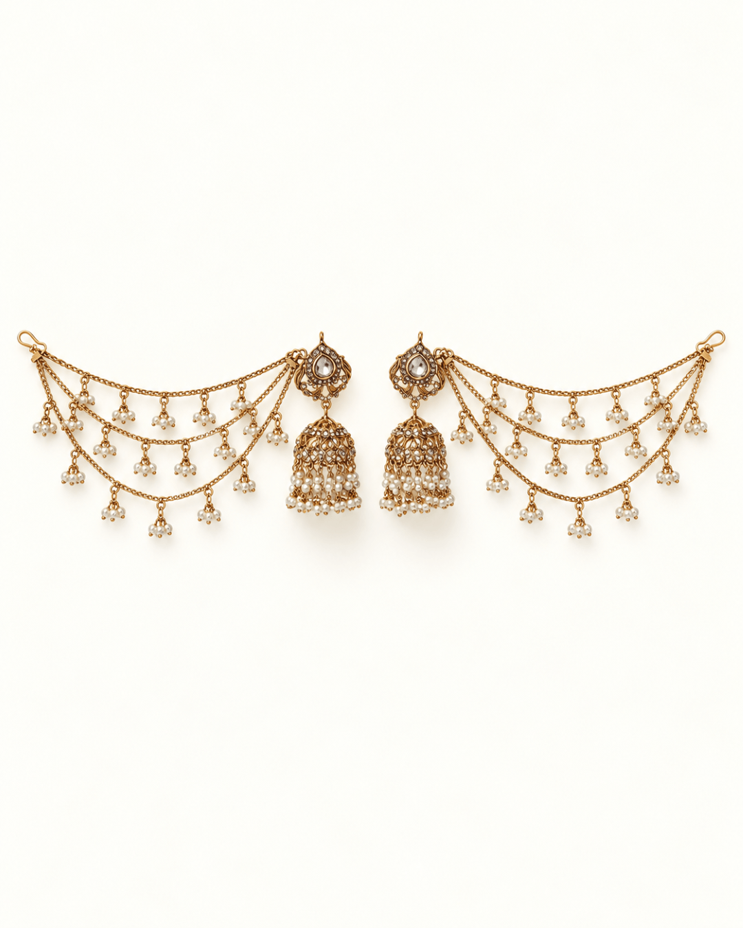 Traditional Sahara Jhumka Earrings with Triple Layered Hair Chains