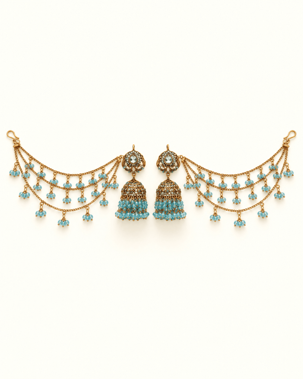 Traditional Sahara Jhumka Earrings with Triple Layered Hair Chains