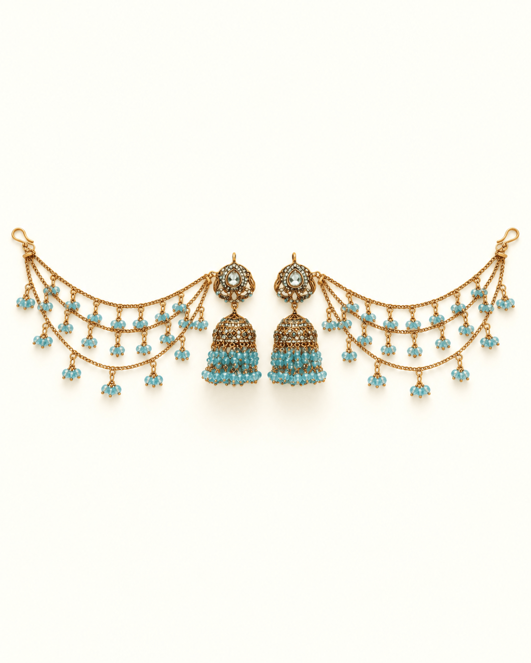 Traditional Sahara Jhumka Earrings with Triple Layered Hair Chains