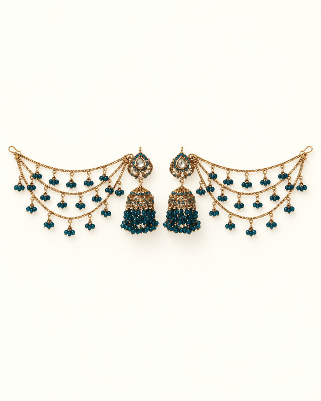 Traditional Sahara Jhumka Earrings with Triple Layered Hair Chains