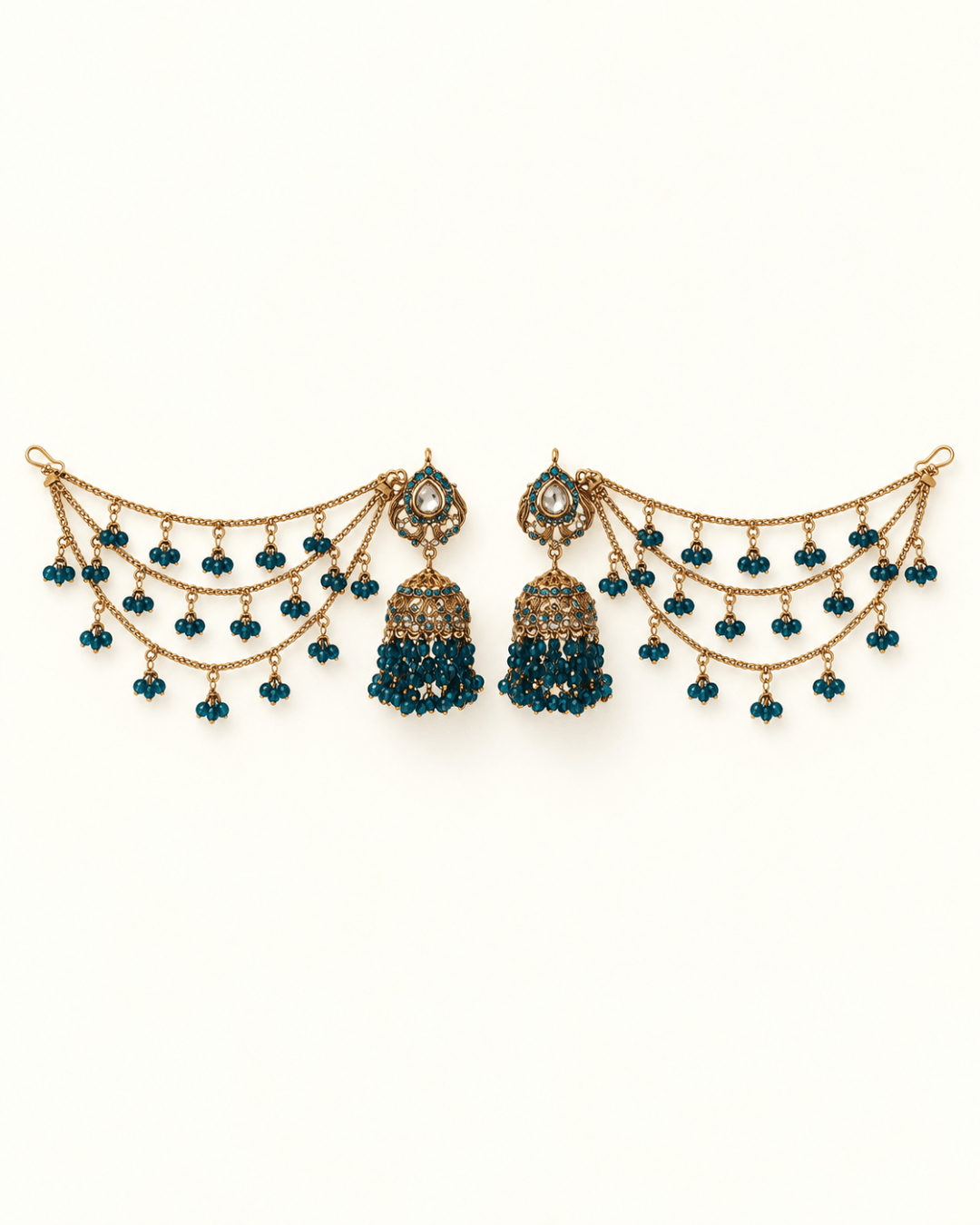 Traditional Sahara Jhumka Earrings with Triple Layered Hair Chains