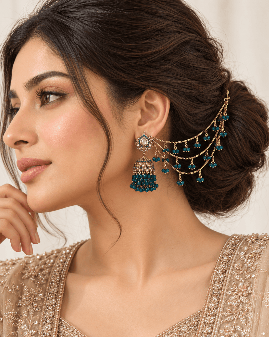 Traditional Sahara Jhumka Earrings with Triple Layered Hair Chains