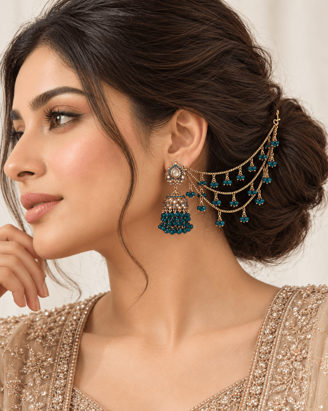 Traditional Sahara Jhumka Earrings with Triple Layered Hair Chains