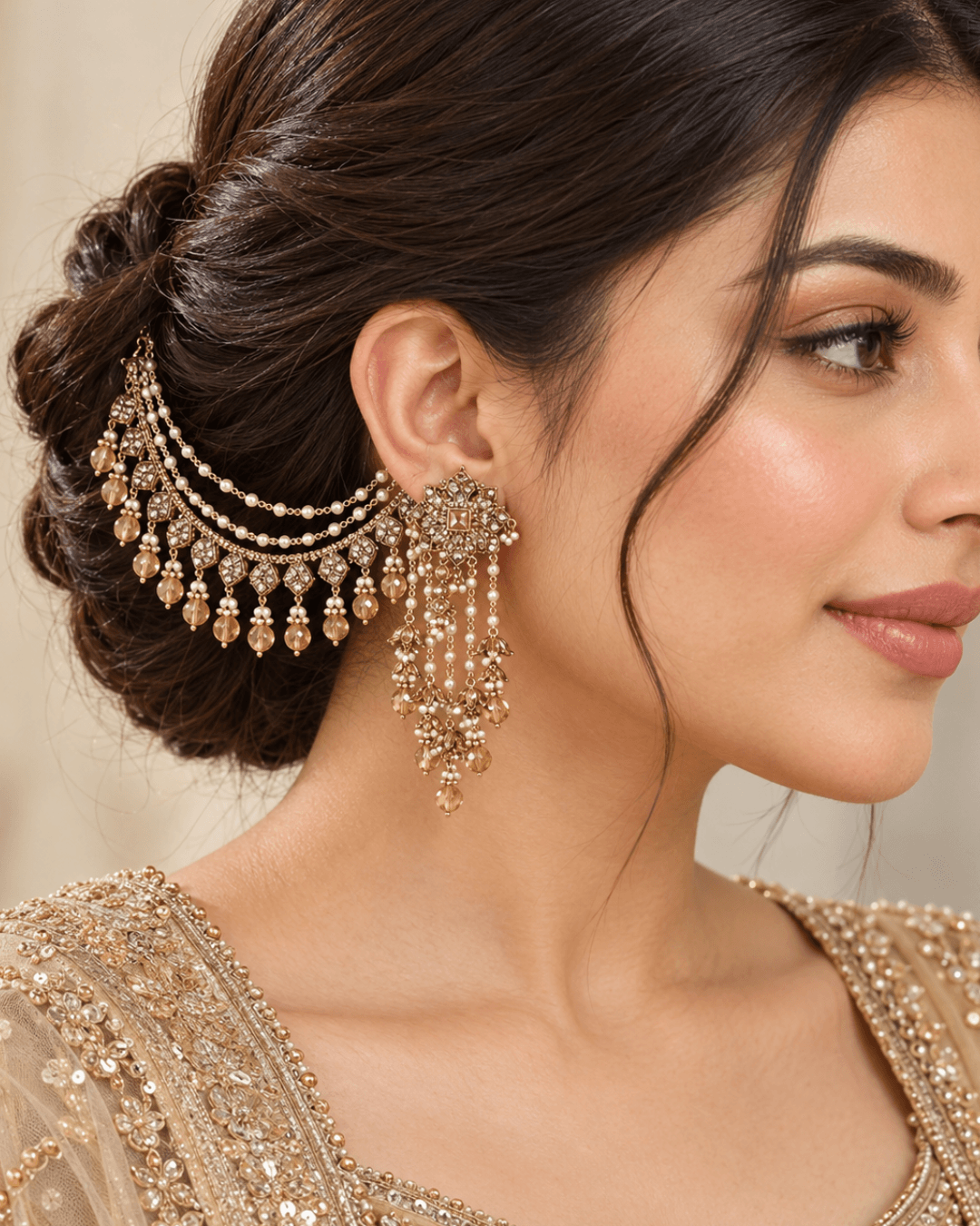 Royal Floral Sahara Earrings with Layered Hair Chains