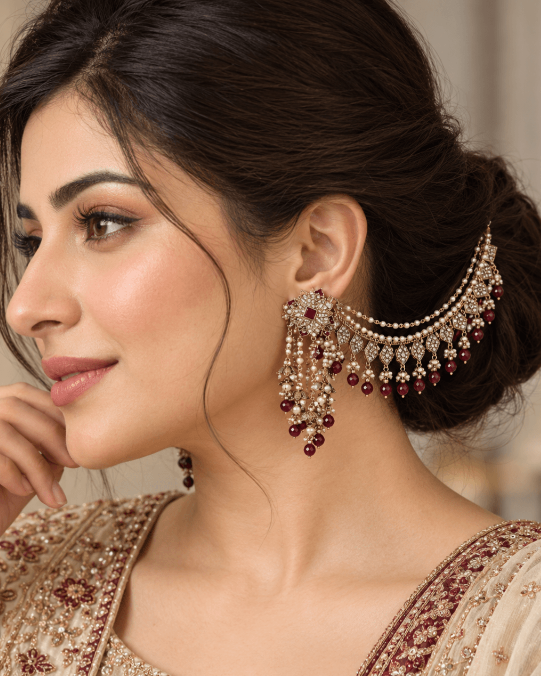 Royal Floral Sahara Earrings with Layered Hair Chains
