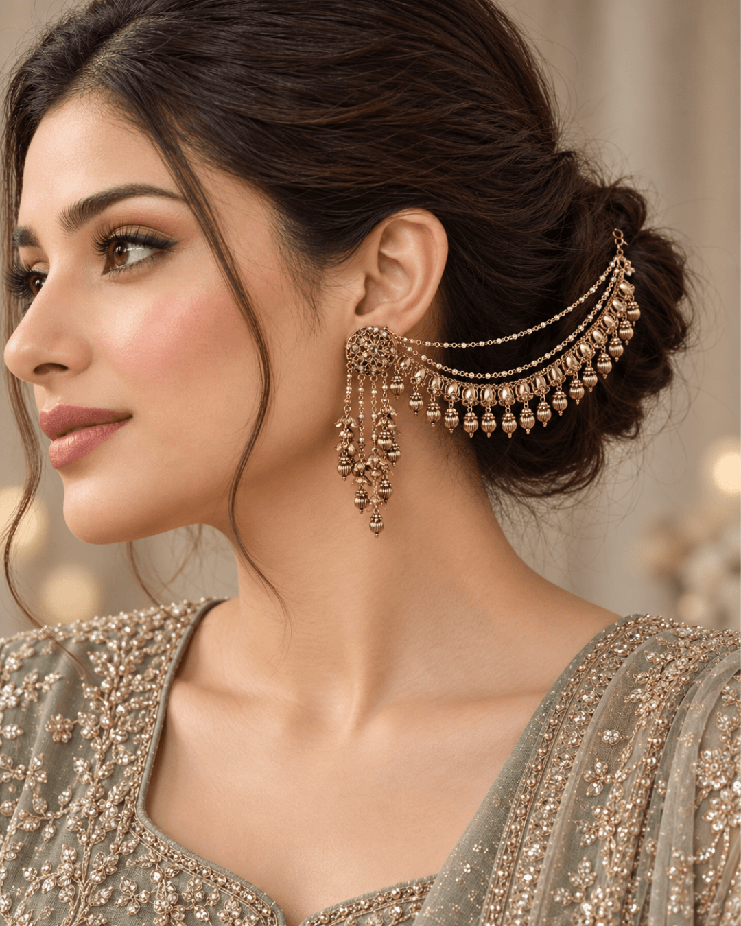 Layered Sahara Jhumka Earrings with Bead Drops