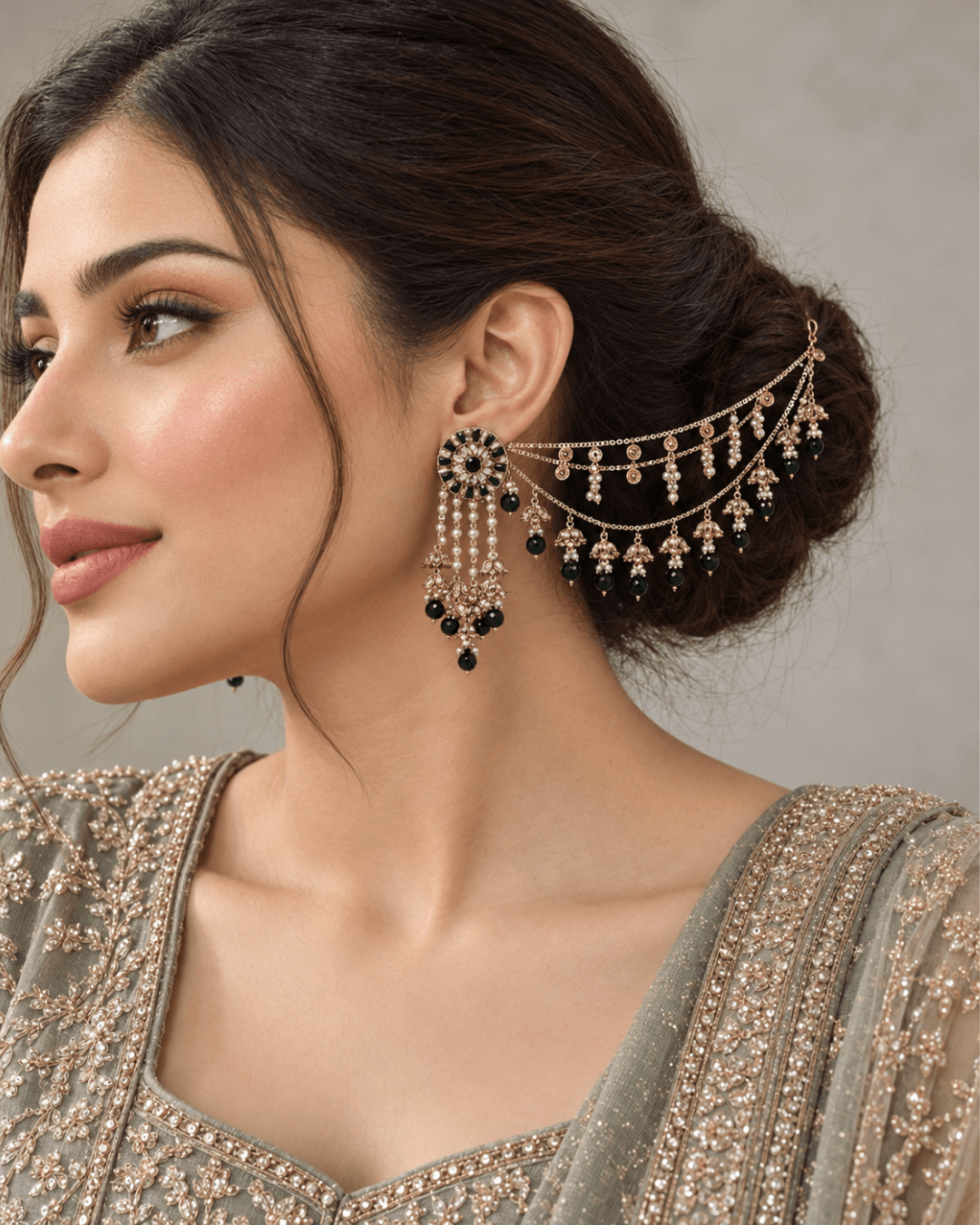 Round Stud Layered Sahara Jhumka Earrings with Bead Drops