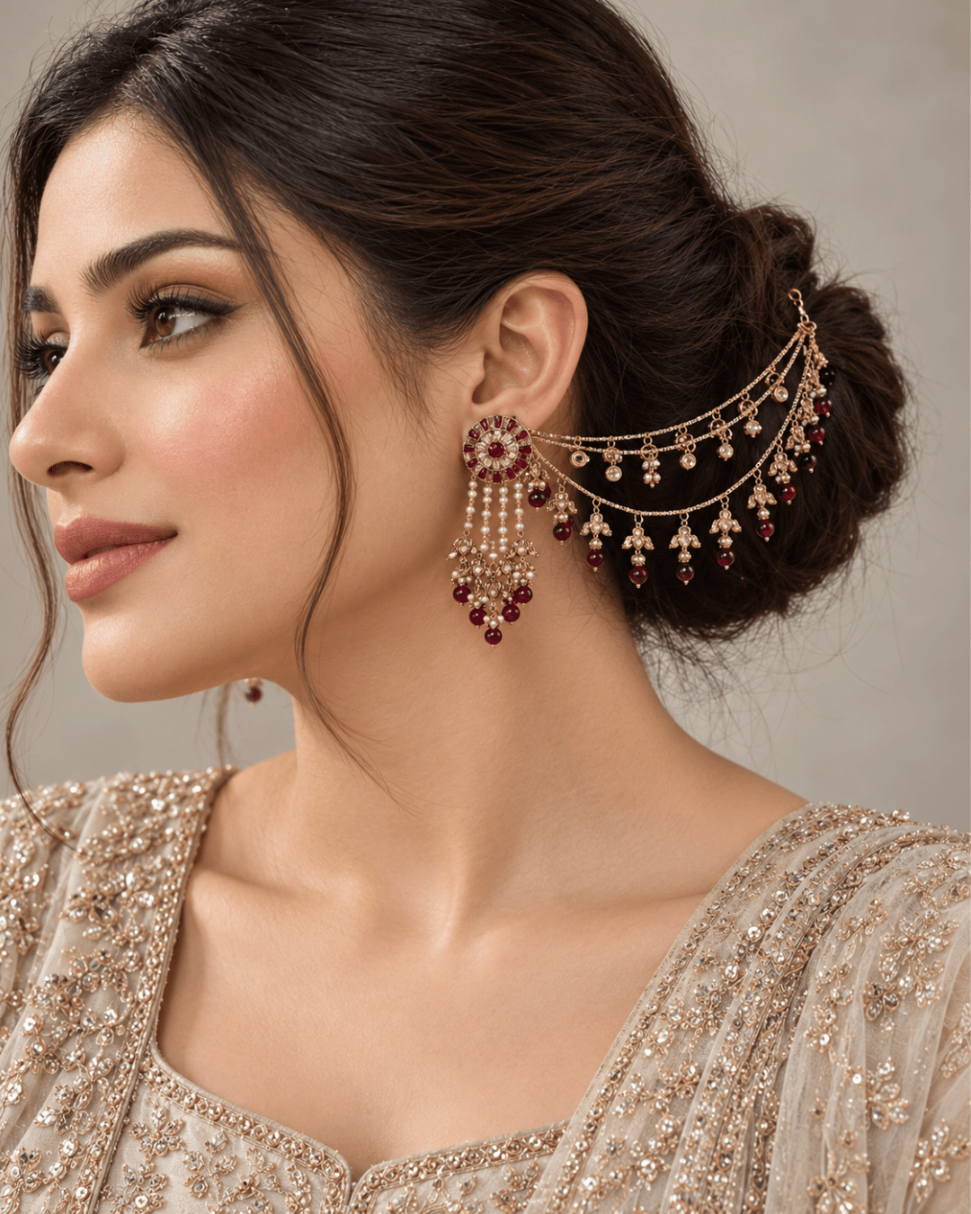 Round Stud Layered Sahara Jhumka Earrings with Bead Drops