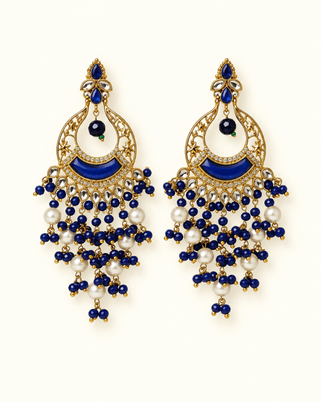 Kundan Style Chandbali Earrings with Pearl & Bead Drops