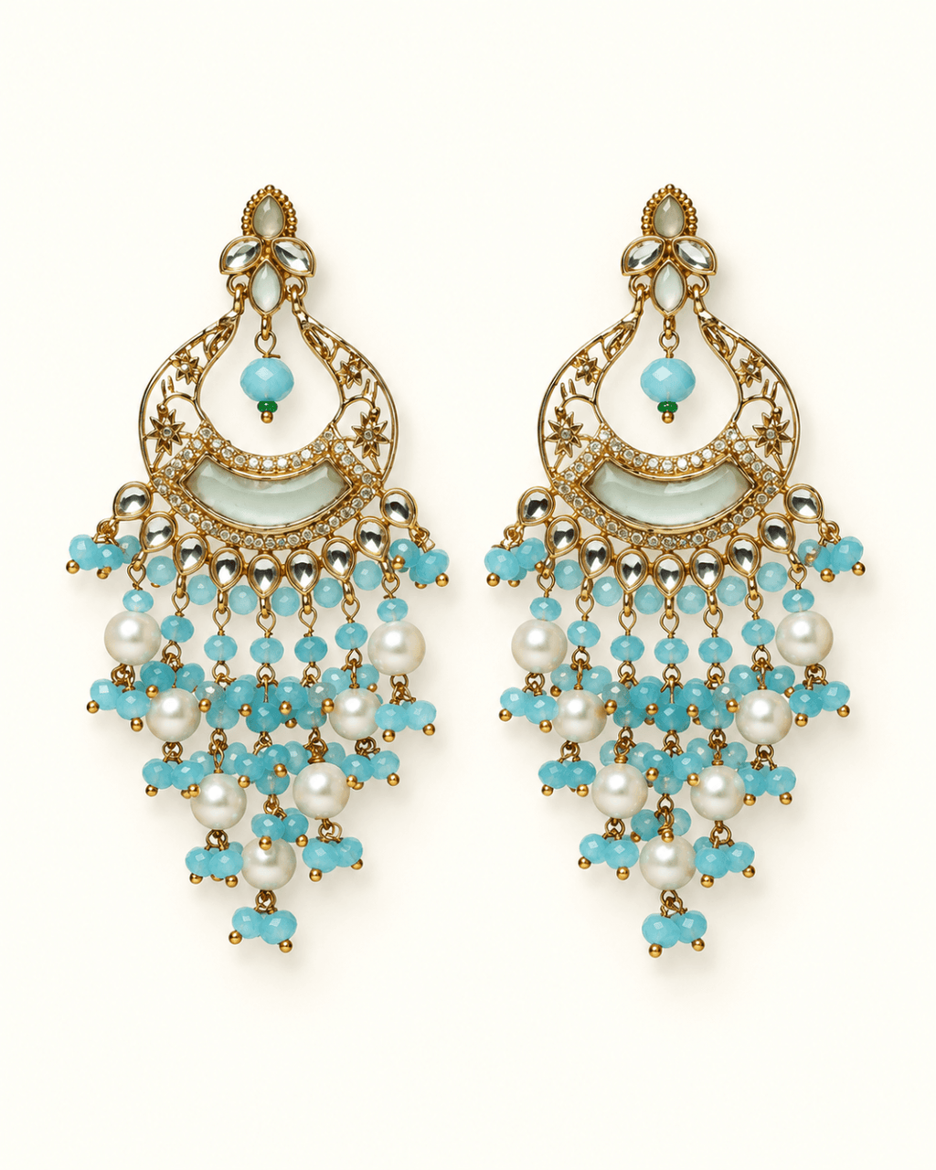 Kundan Style Chandbali Earrings with Pearl & Bead Drops