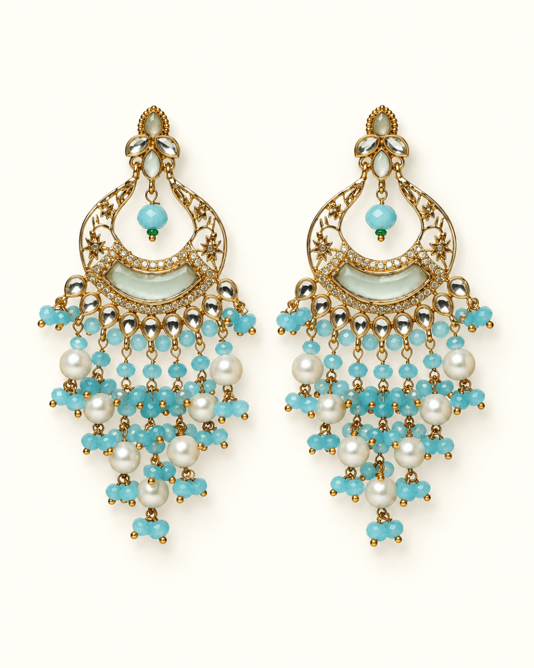 Kundan Style Chandbali Earrings with Pearl & Bead Drops