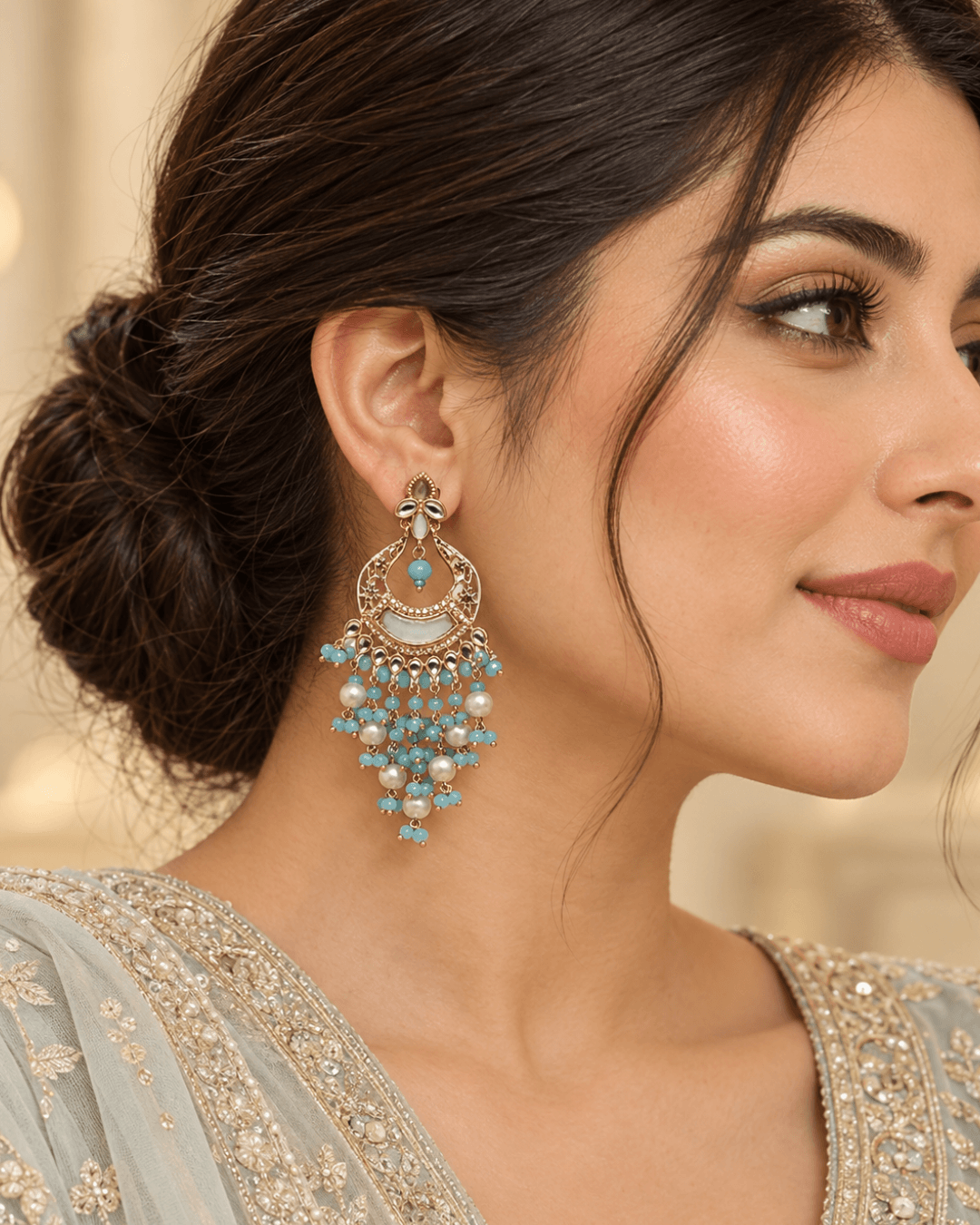 Kundan Style Chandbali Earrings with Pearl & Bead Drops