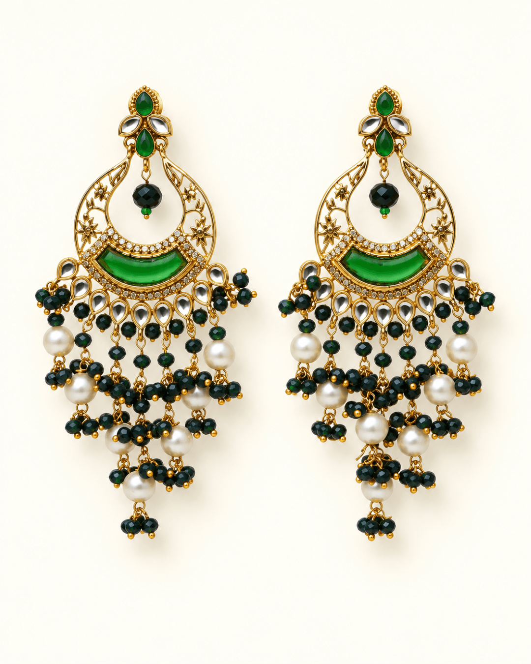 Kundan Style Chandbali Earrings with Pearl & Bead Drops