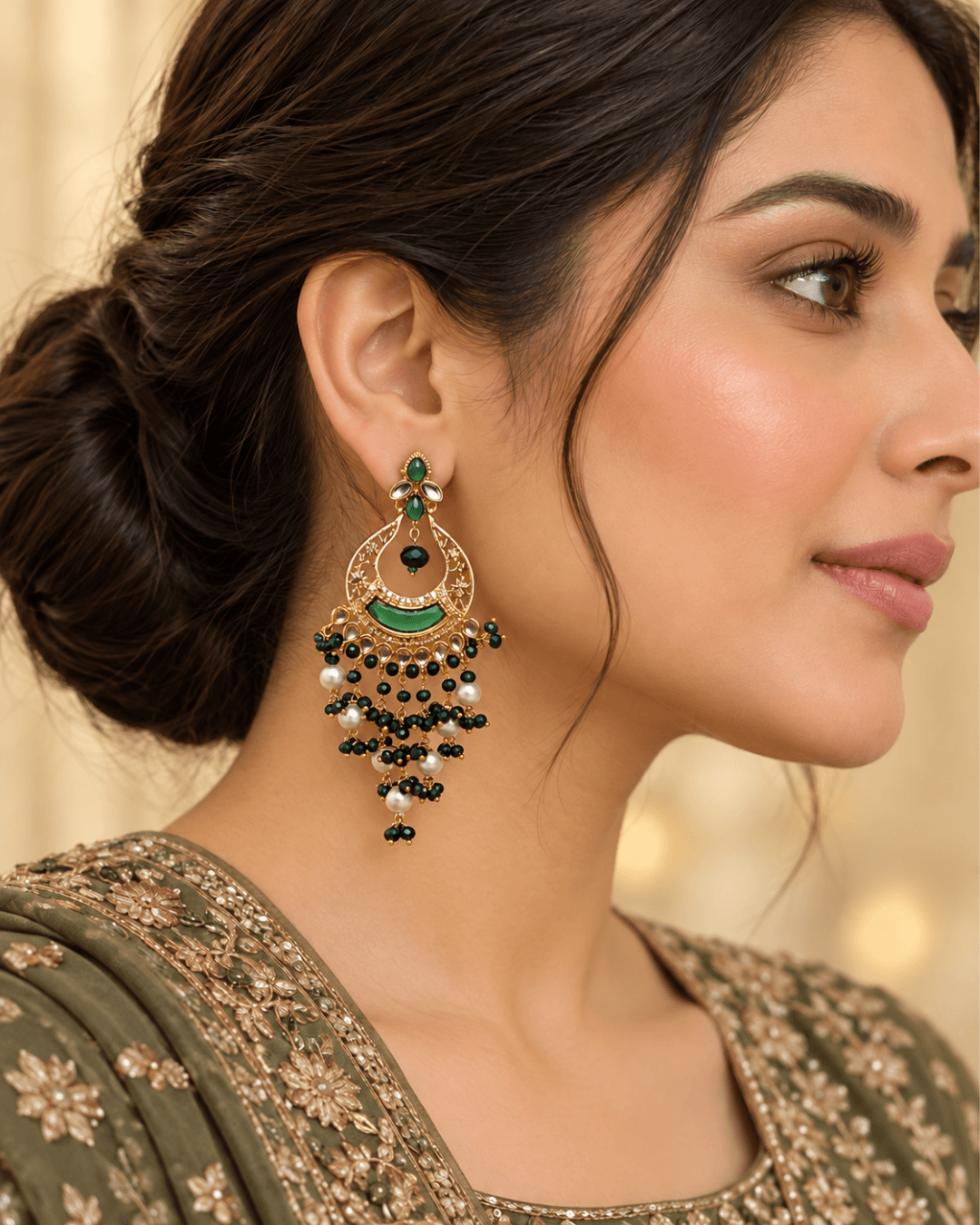 Kundan Style Chandbali Earrings with Pearl & Bead Drops