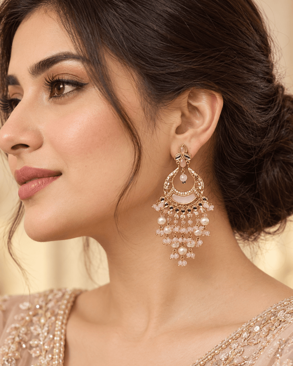 Kundan Style Chandbali Earrings with Pearl & Bead Drops