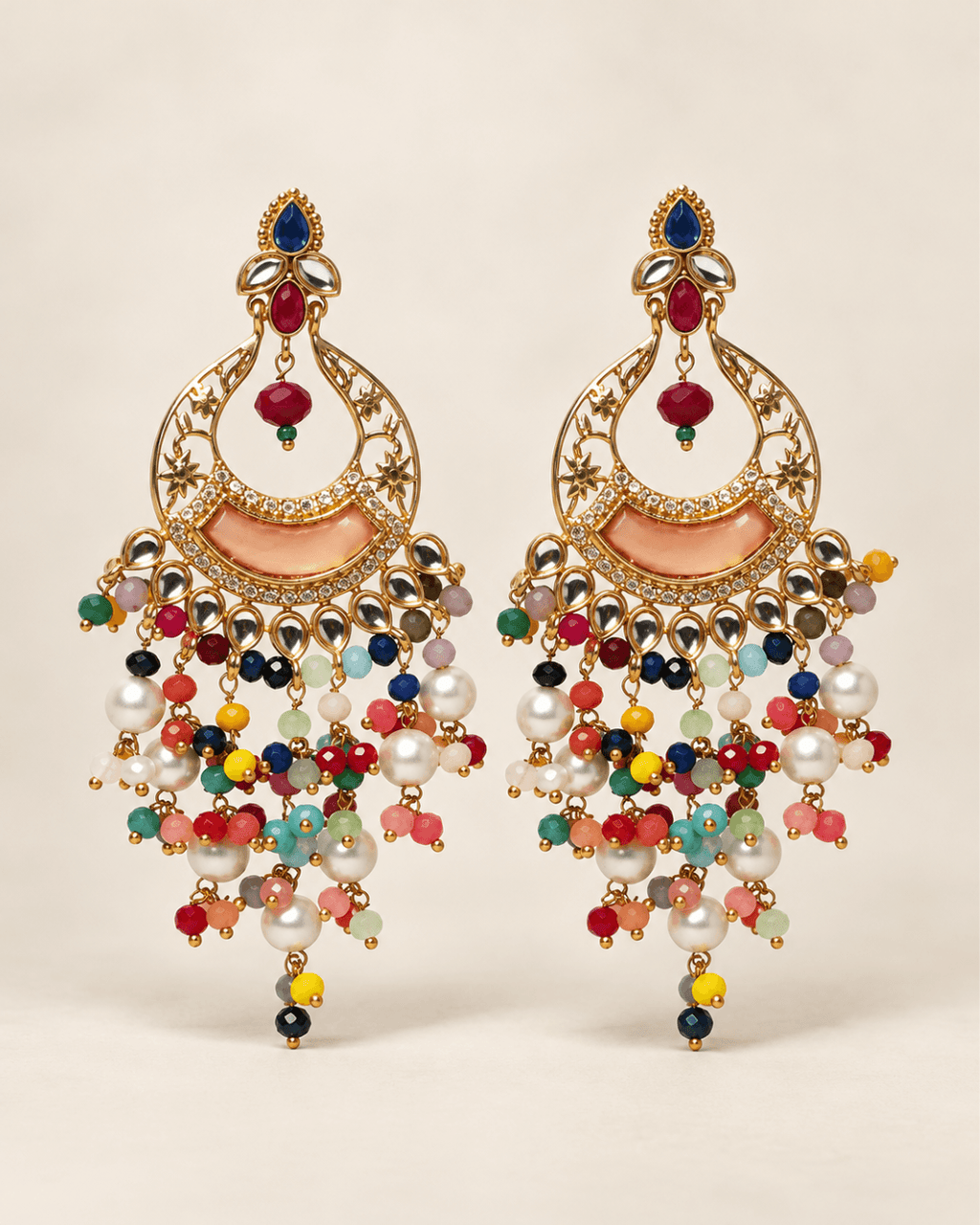 Kundan Style Chandbali Earrings with Pearl & Bead Drops
