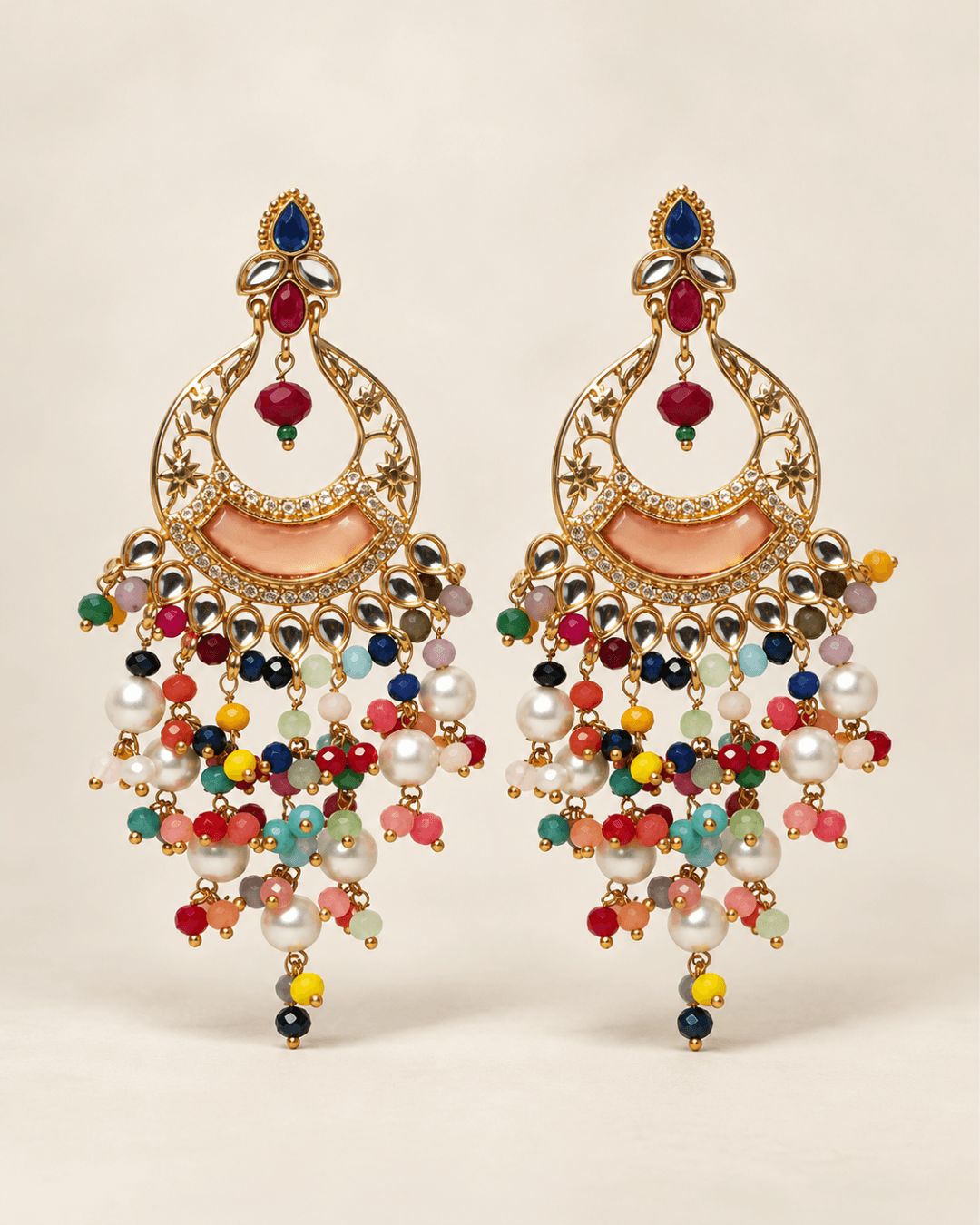 Kundan Style Chandbali Earrings with Pearl & Bead Drops