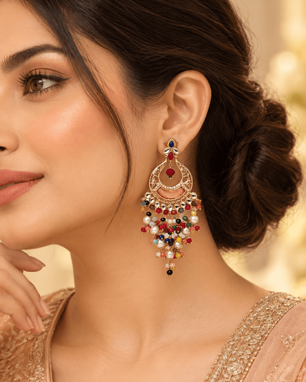 Kundan Style Chandbali Earrings with Pearl & Bead Drops