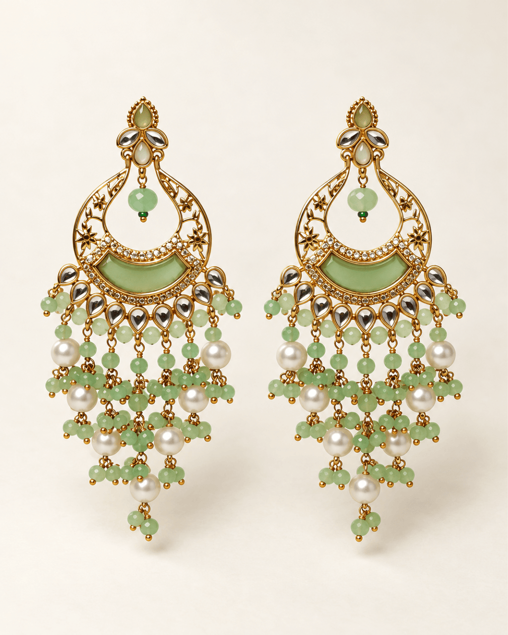 Kundan Style Chandbali Earrings with Pearl & Bead Drops