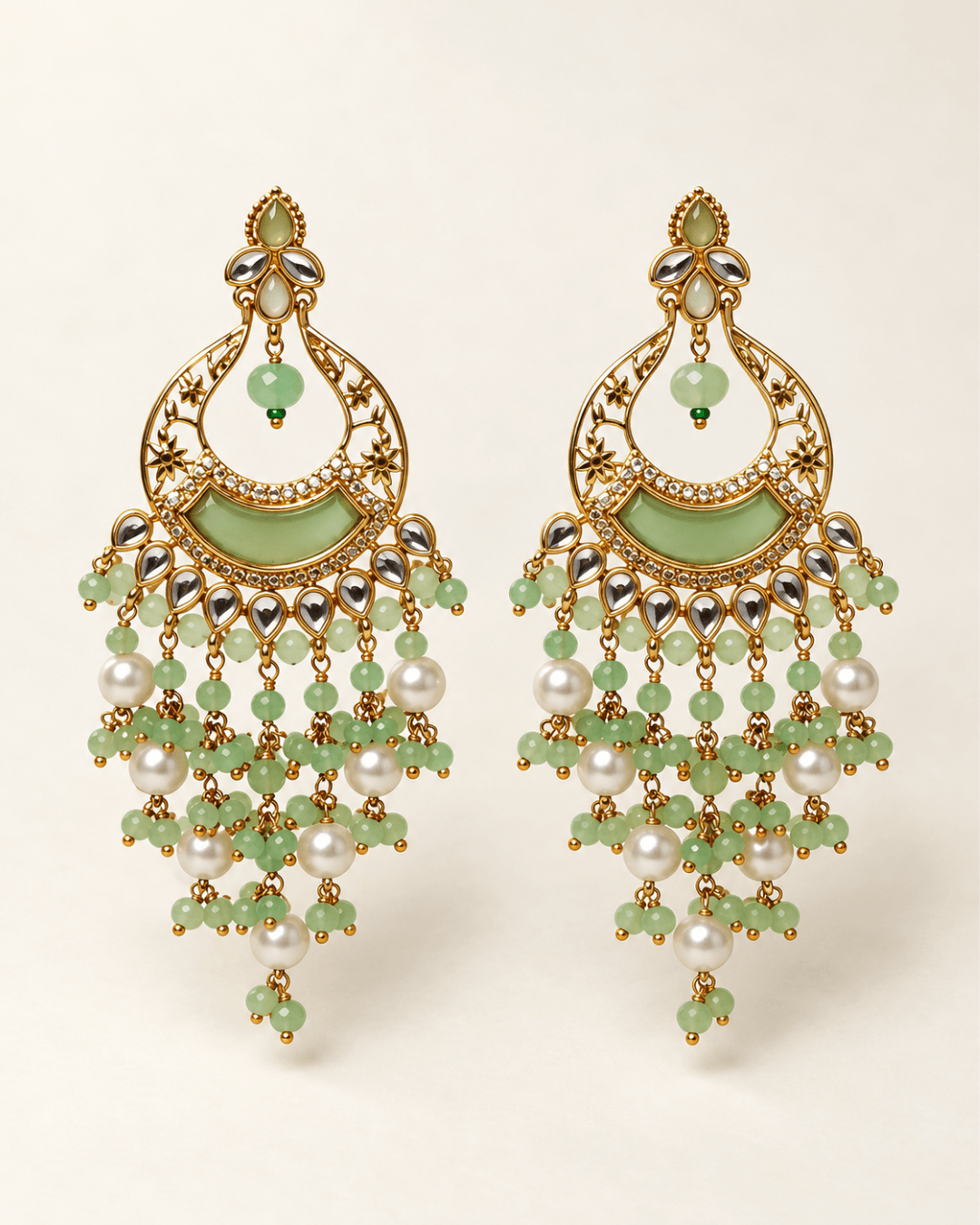 Kundan Style Chandbali Earrings with Pearl & Bead Drops