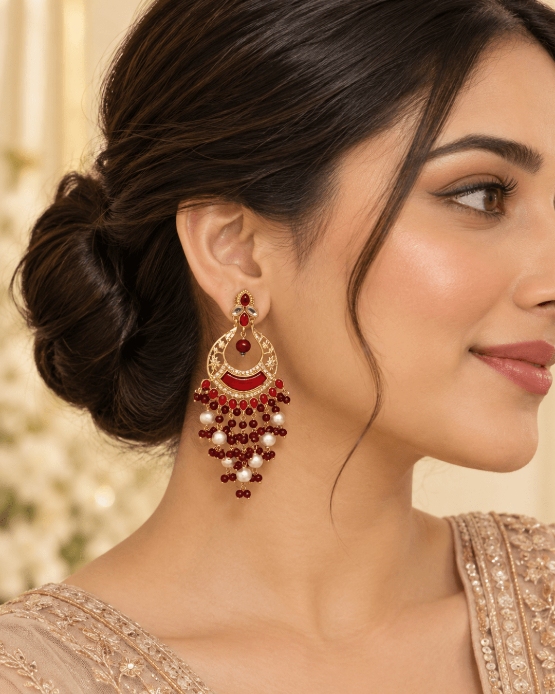 Kundan Style Chandbali Earrings with Pearl & Bead Drops