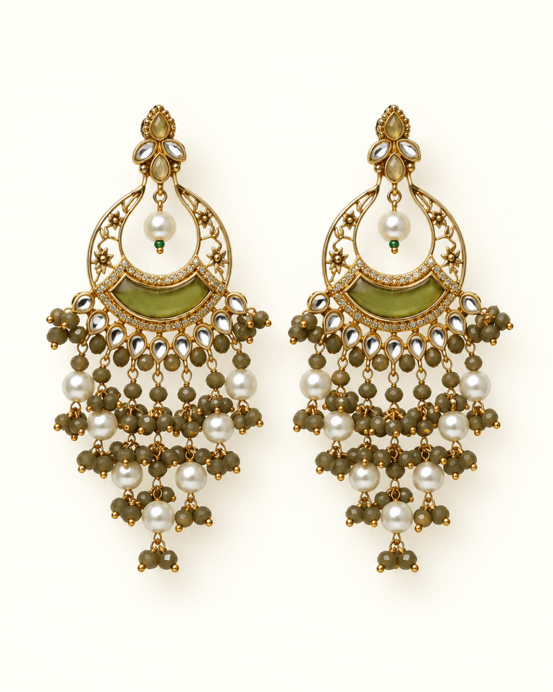 Kundan Style Chandbali Earrings with Pearl & Bead Drops