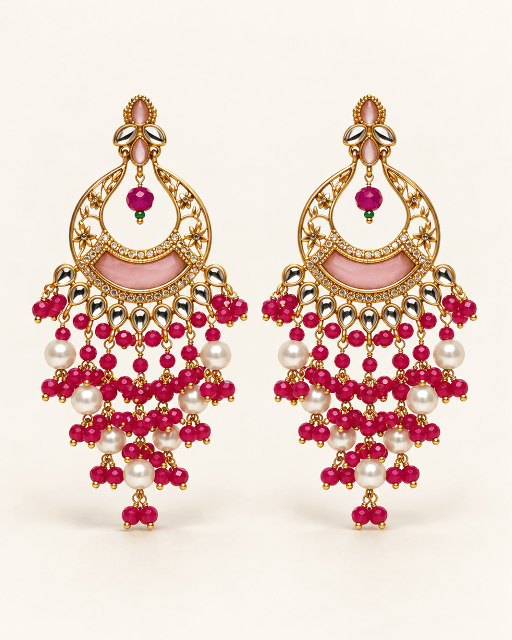 Kundan Style Chandbali Earrings with Pearl & Bead Drops