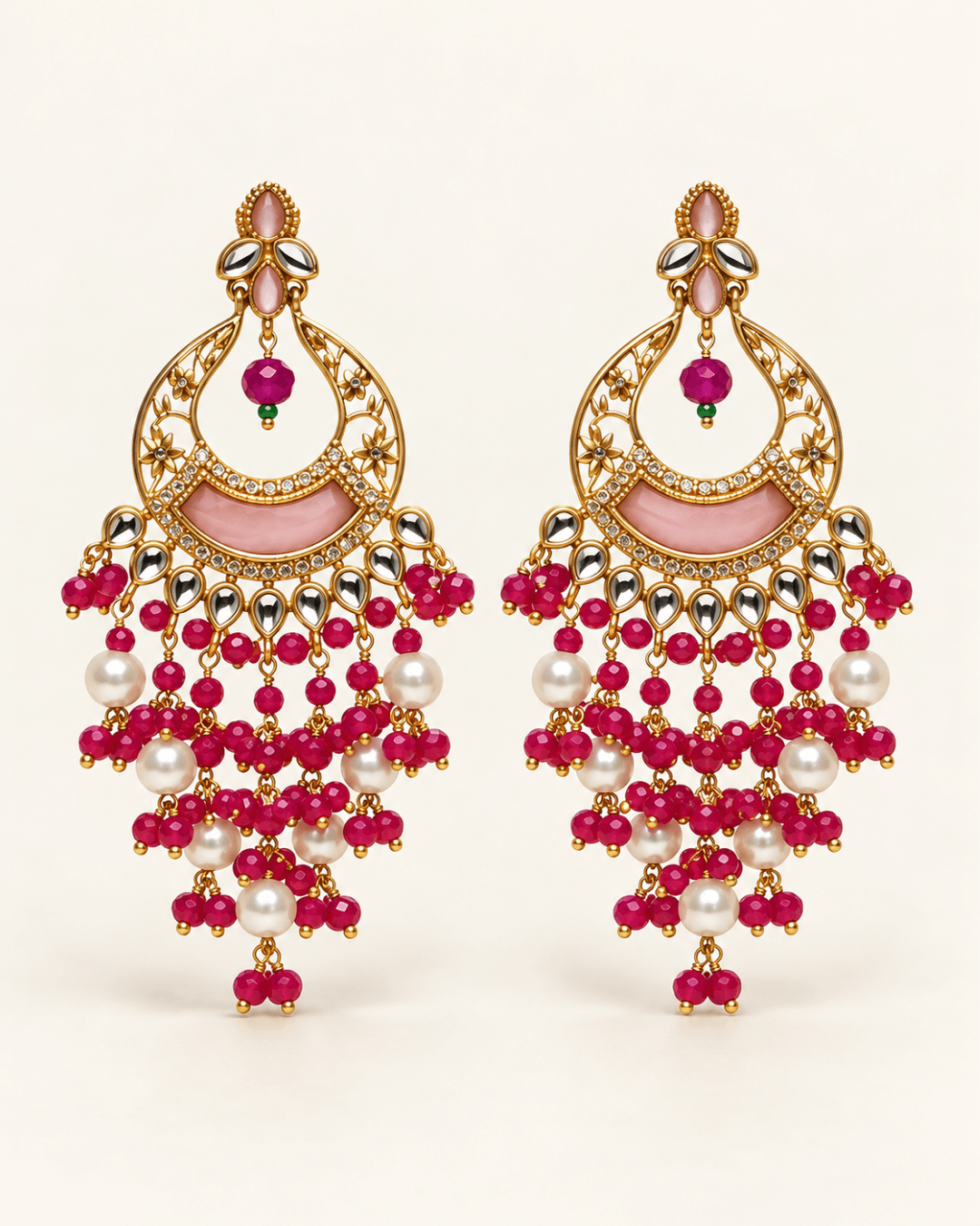 Kundan Style Chandbali Earrings with Pearl & Bead Drops