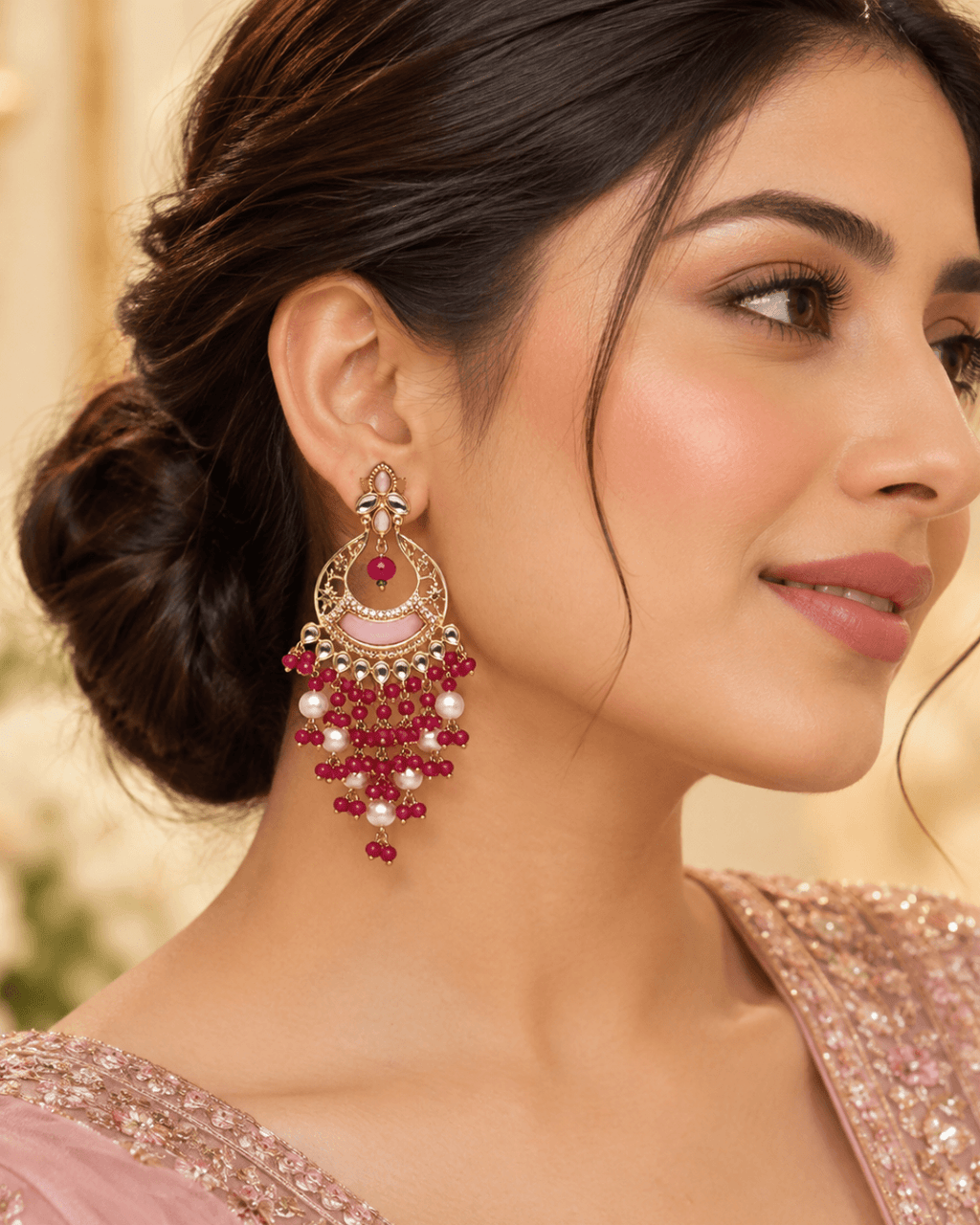 Kundan Style Chandbali Earrings with Pearl & Bead Drops