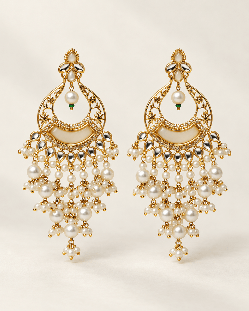 Kundan Style Chandbali Earrings with Pearl & Bead Drops