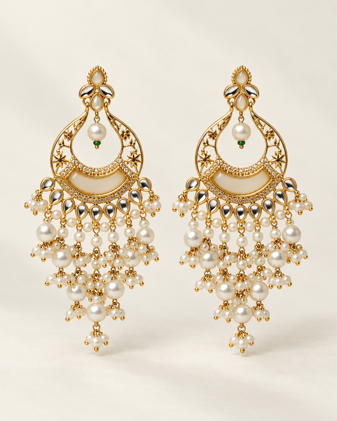 Kundan Style Chandbali Earrings with Pearl & Bead Drops