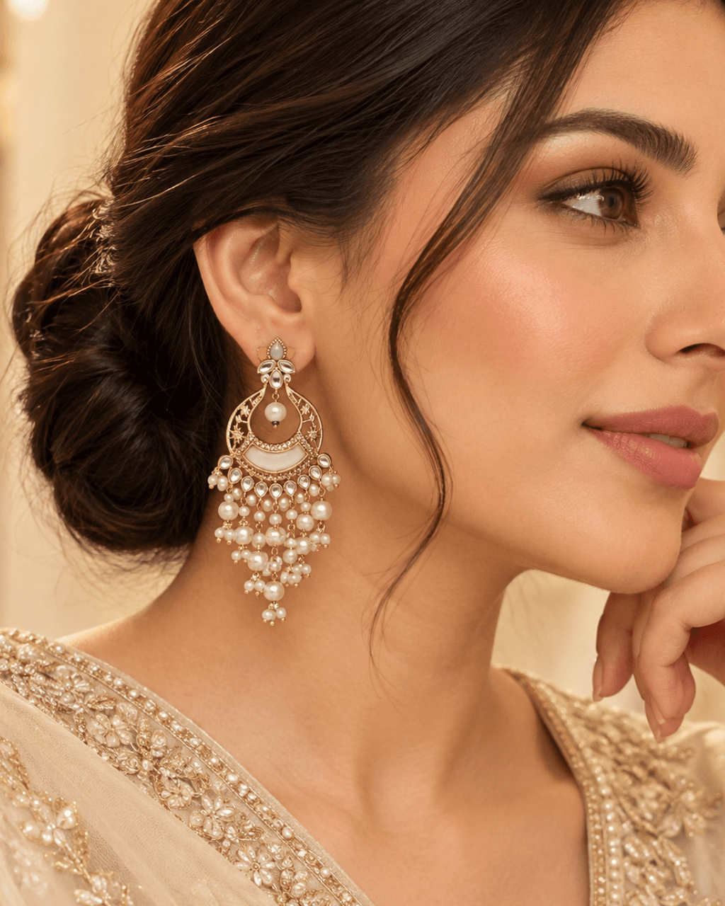 Kundan Style Chandbali Earrings with Pearl & Bead Drops