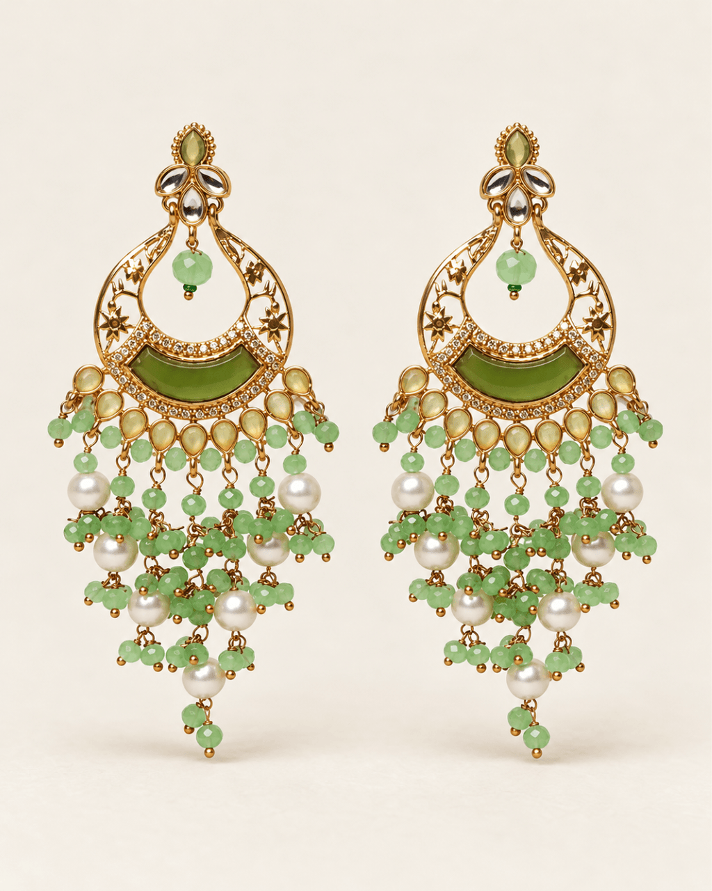 Kundan Style Chandbali Earrings with Pearl & Bead Drops