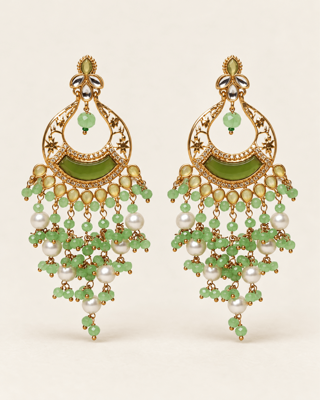 Kundan Style Chandbali Earrings with Pearl & Bead Drops