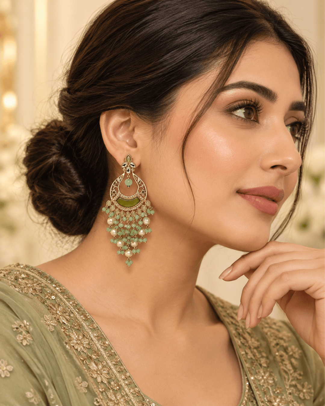 Kundan Style Chandbali Earrings with Pearl & Bead Drops