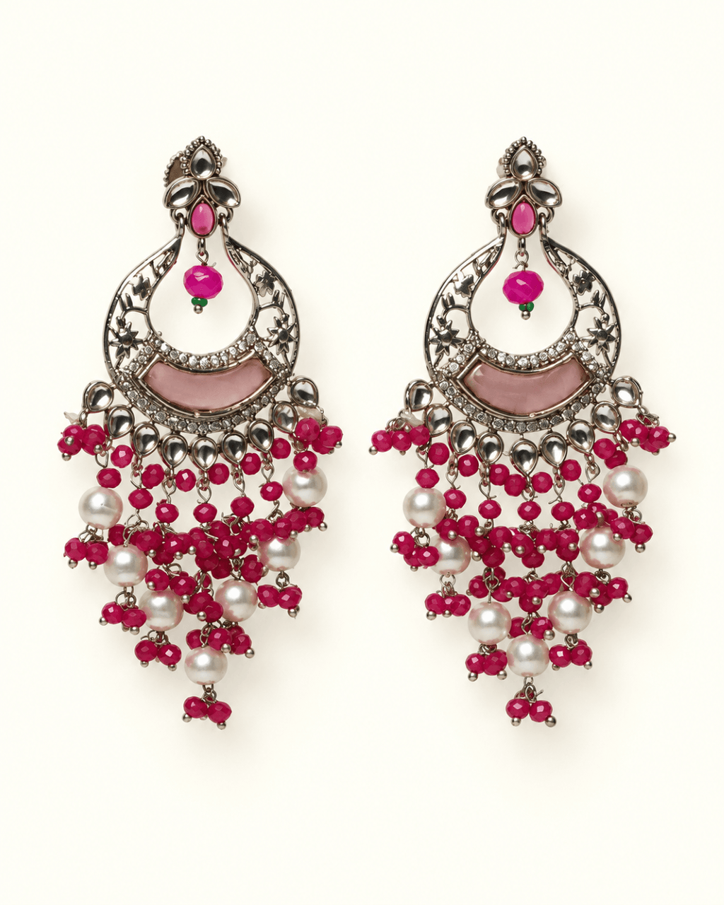 Kundan Style Chandbali Earrings with Pearl & Bead Drops