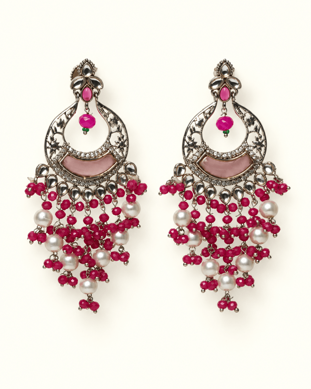 Kundan Style Chandbali Earrings with Pearl & Bead Drops