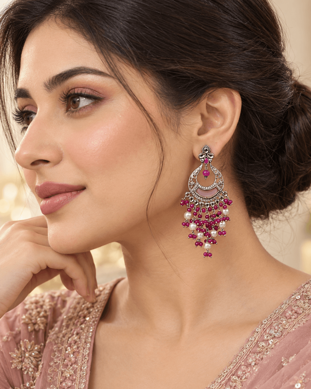 Kundan Style Chandbali Earrings with Pearl & Bead Drops