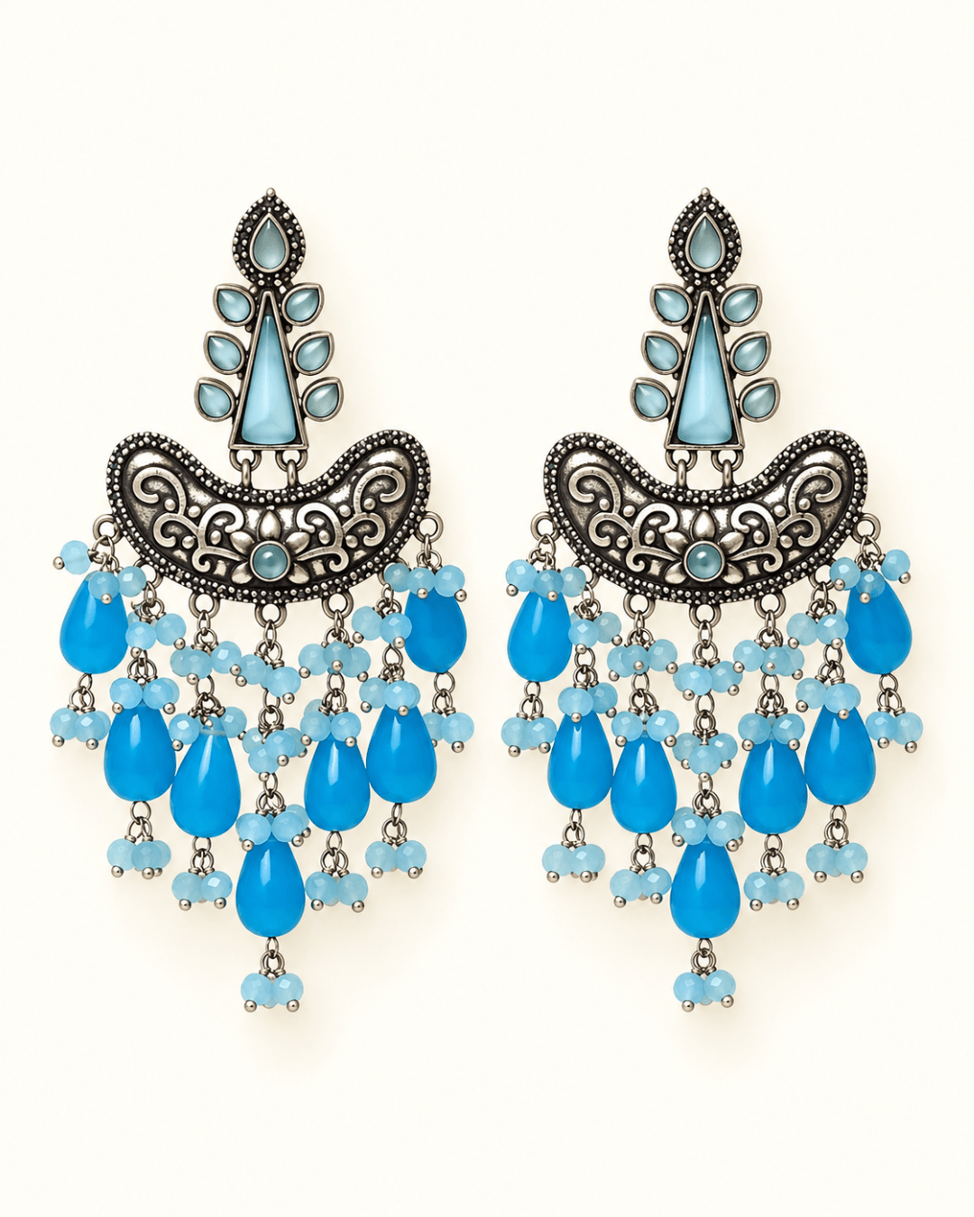 Oxidised Silver Chandbali Earrings with Teardrop Beads